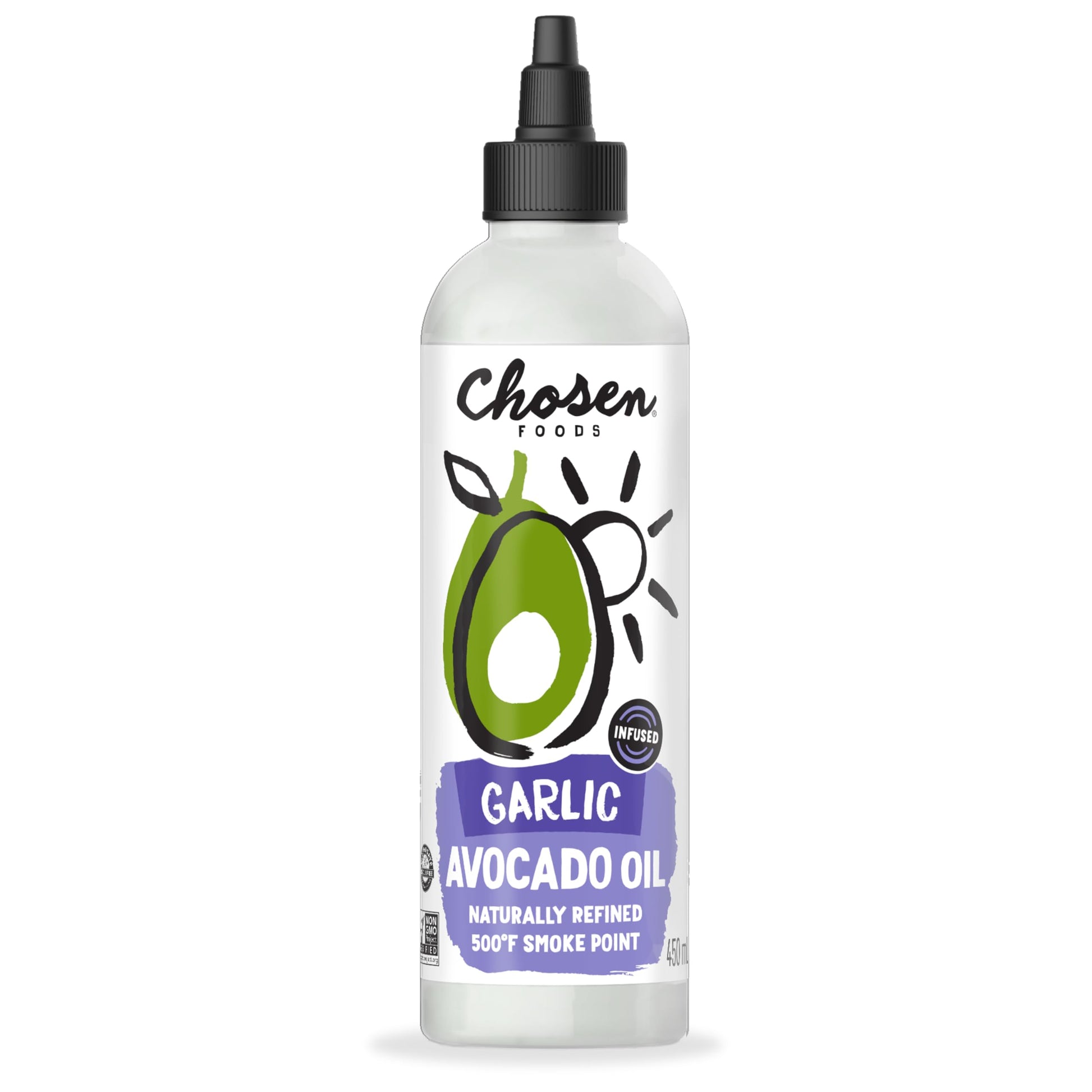 Chosen Foods Garlic Avocado Oil Squeeze Bottle - 16.2 Fl Oz - For Drizzling, Saut  ing, Roasting & Searing - High Smoke Point Co