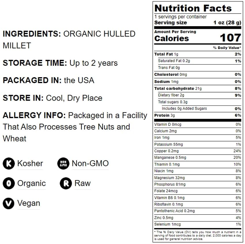 Food to Live Organic Hulled Millet, Whole Grain, Non-GMO, Kosher, 25 Pound Bag
