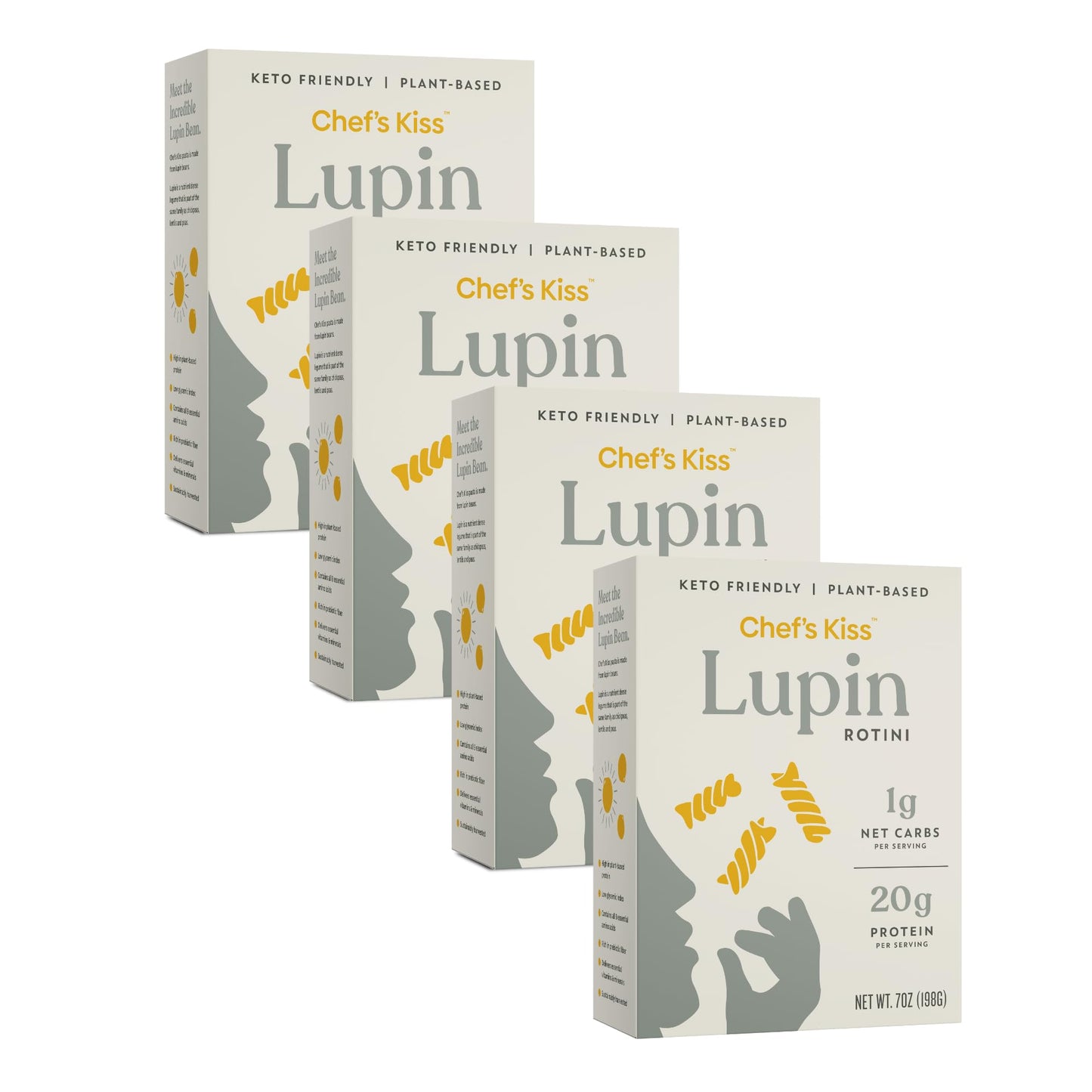 Chefs Kiss Low Carb Rotini Pasta | 1g Net Carb, 20g Protein | Gluten Free | 7oz Pack of 4