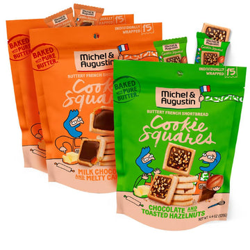 Michel et Augustin Cookie Bag Variety Pack 2 Flavor - Milk Chocolate & Caramel + Milk Chocolate & Hazelnut, 15 Cookies per Bag