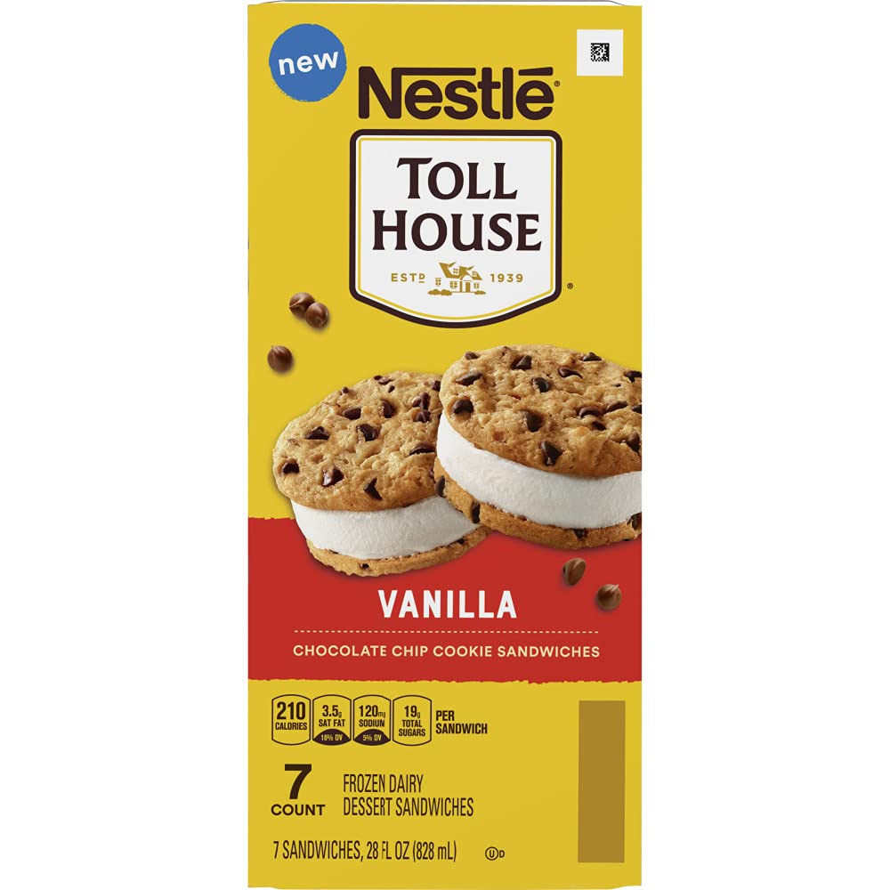 Nestle Tollhouse, Vanilla Chocolate Chip Cookie Ice Cream Sandwiches, 7 Count (Frozen), 28 Ounce