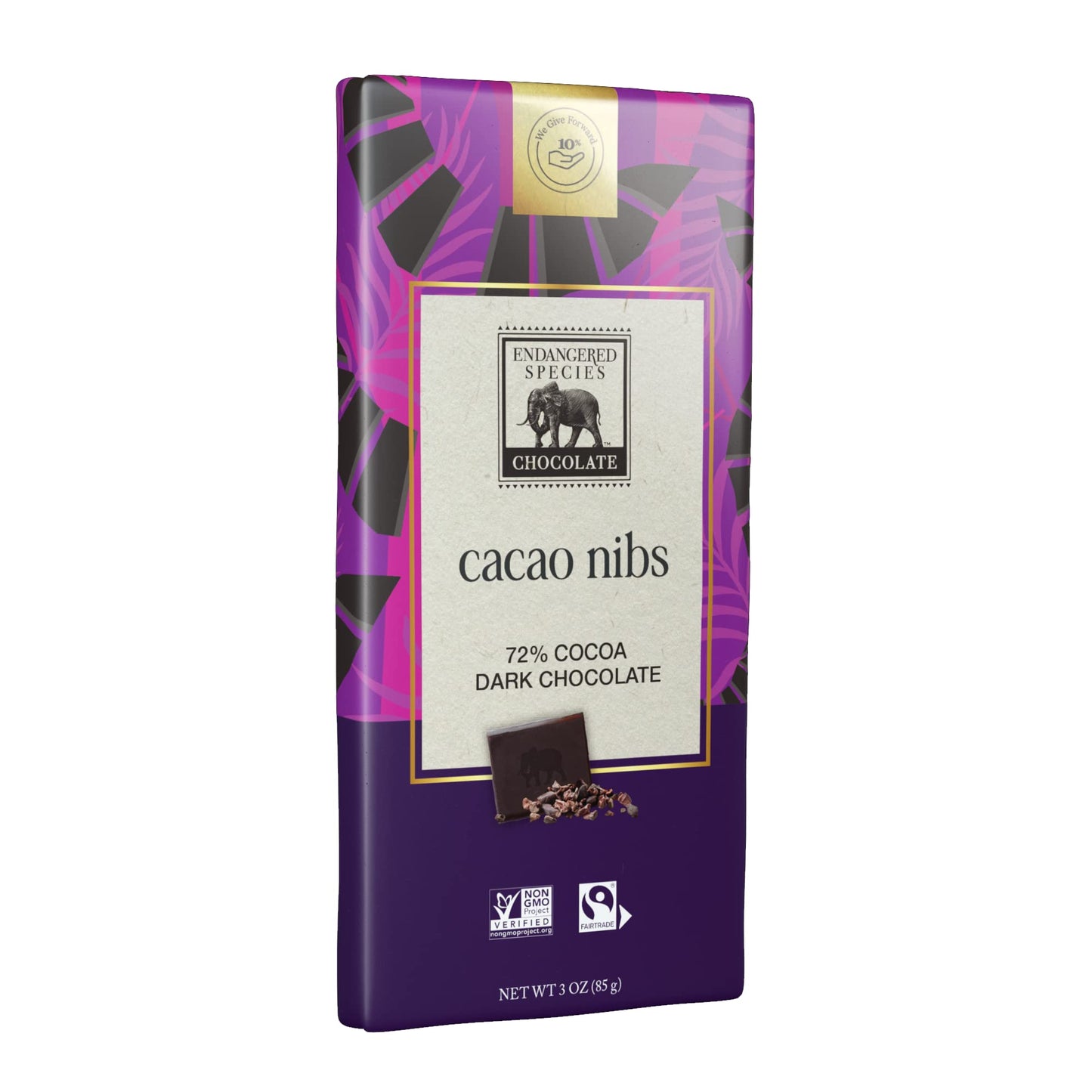 Endangered Species Chocolate Dark Chocolate Bar with Cocoa Nibs, 3 Ounce, Pack of 12