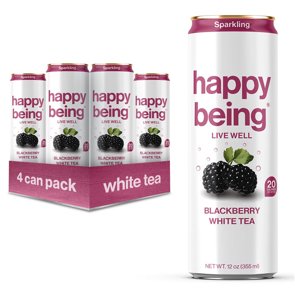 Happy Being Sparkling Blackberry Citrus White Tea, Infused with Turmeric & Elderberry, Caffeine Free, 12oz (4 Pack)
