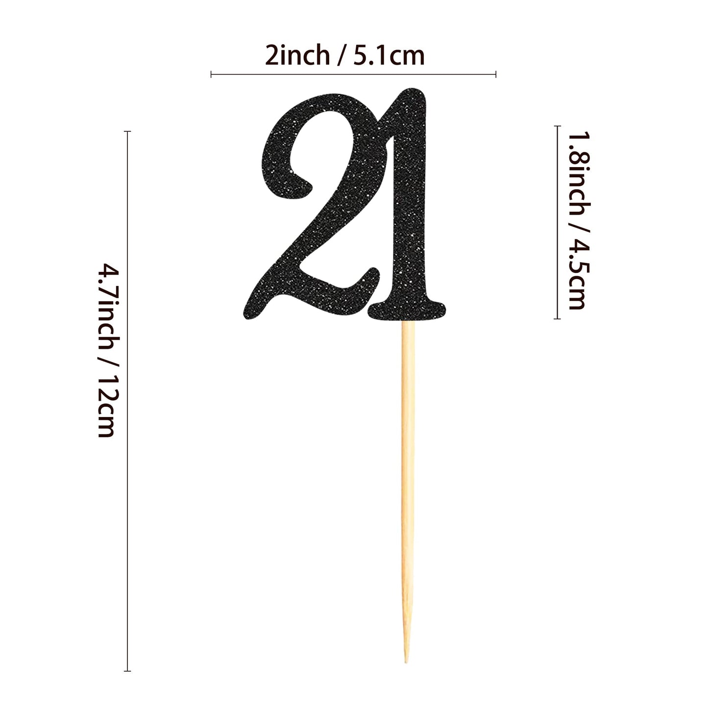 Sumerk 24Pcs 21 Cupcake Toppers Black Glitter 21St Birthday Cupcake Picks Anniversary Party Decorations