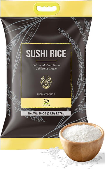 Soeos Premium Sushi Rice, Calrose Rice, Medium Grain, White Sticky Rice, 5 Pound