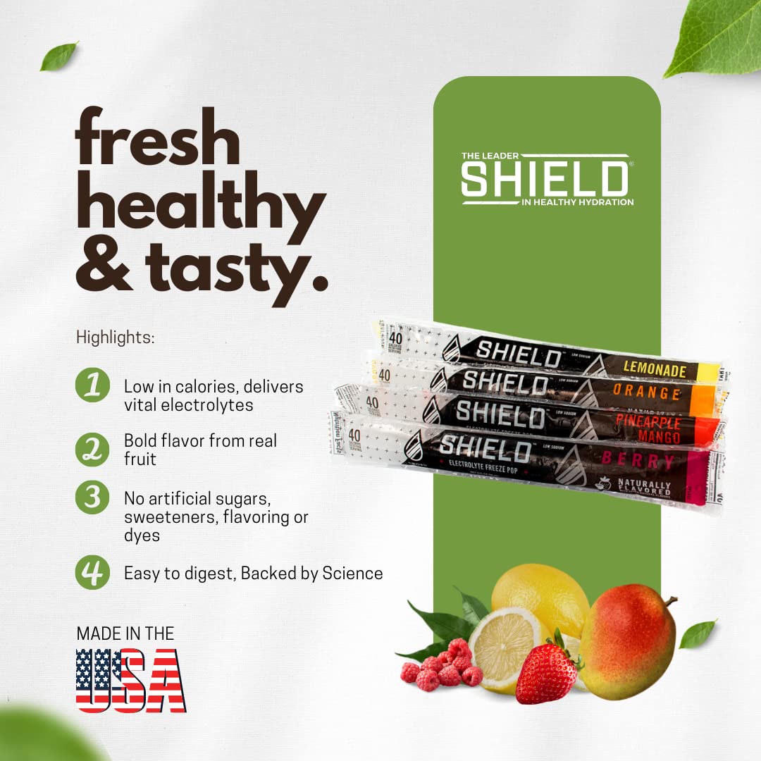Shield Electrolyte Healthy Freezer Pops 36Pk Assorted Bars, 40 Cal, Electrolytes, Scientifically Balanced, Great Tasting Cooling