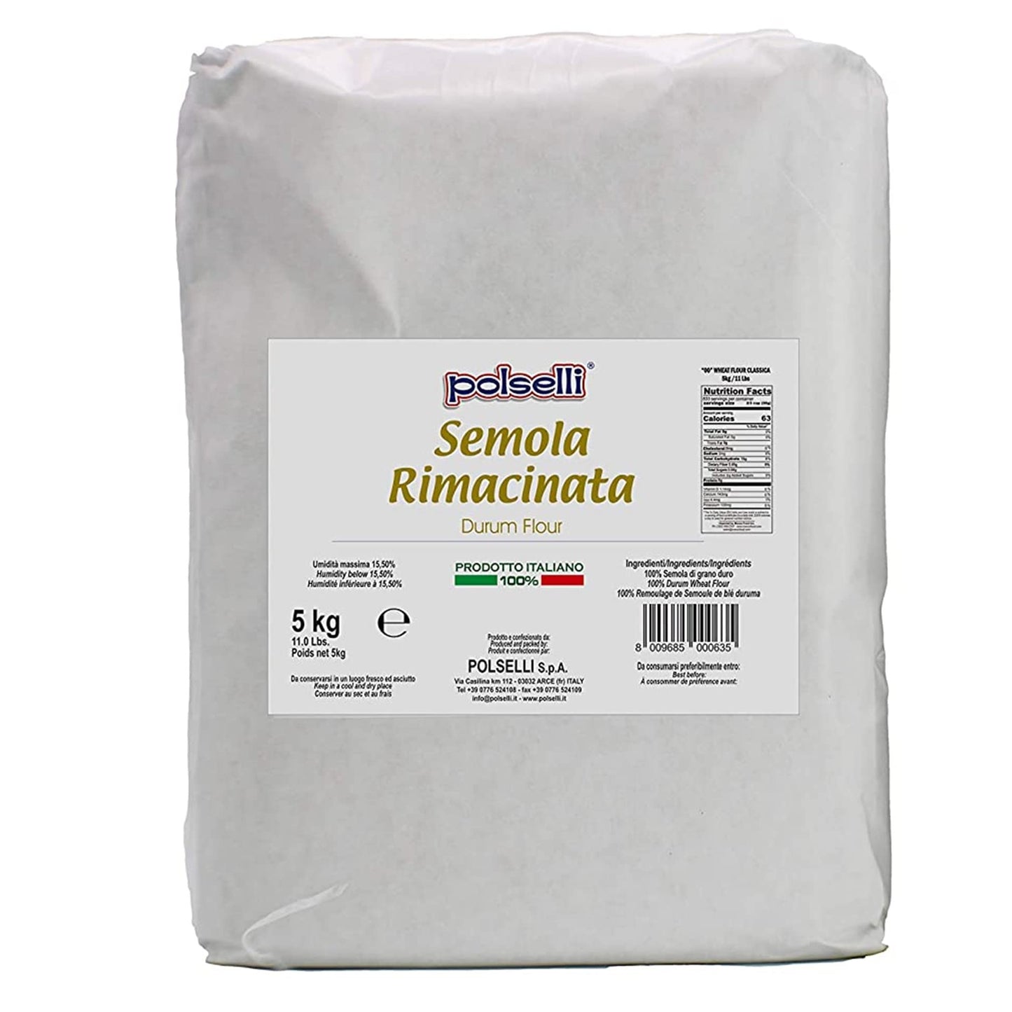 Italian Semola Flour, 11 Lbs (5 Kg), Fine Ground Semolina Rimachinata For Fresh Pasta, Bread, Grano Duro, Product Of Italy, Duru