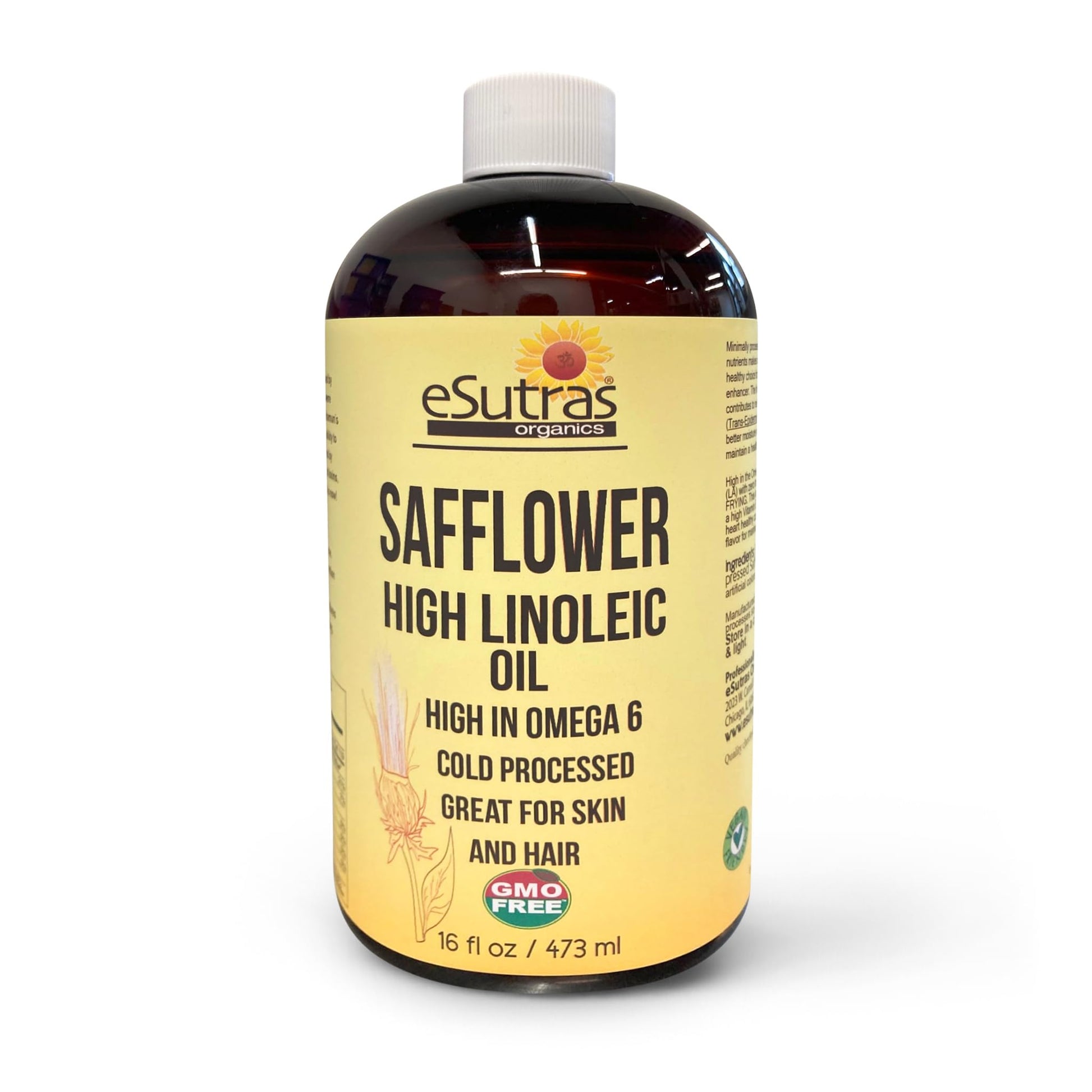 eSutras Organics Linoleic Safflower Oil - Cold Pressed, Moisturizing Non-GMO Oil For Hair, Body & Skin Care(16 oz)