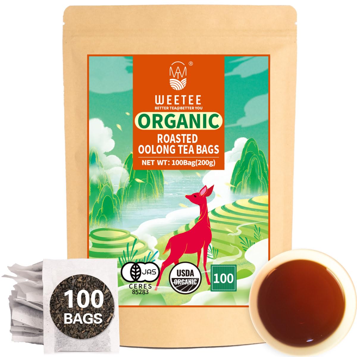 Wt Weetee Organic Roasted Oolong Tea Bags, Organic Black Oolong Tea 100 Count, Charcoal-Roasted Aroma, Smooth & Refreshing, Good For Meal Accompaniment