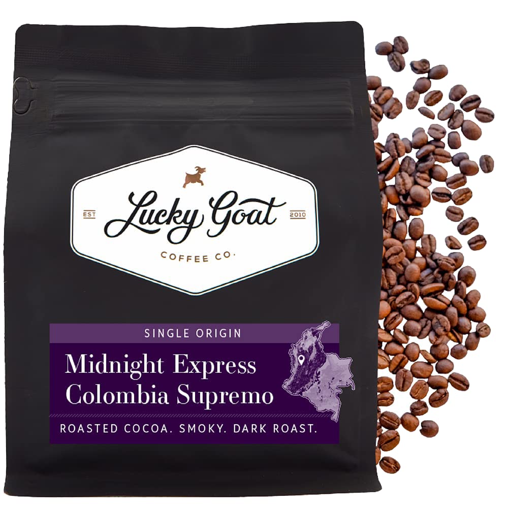 Lucky Goat Whole Bean Coffee - Midnight Express Colombia Supremo - Dark Roast, 12 Ounce Bag, 100% Arabica
