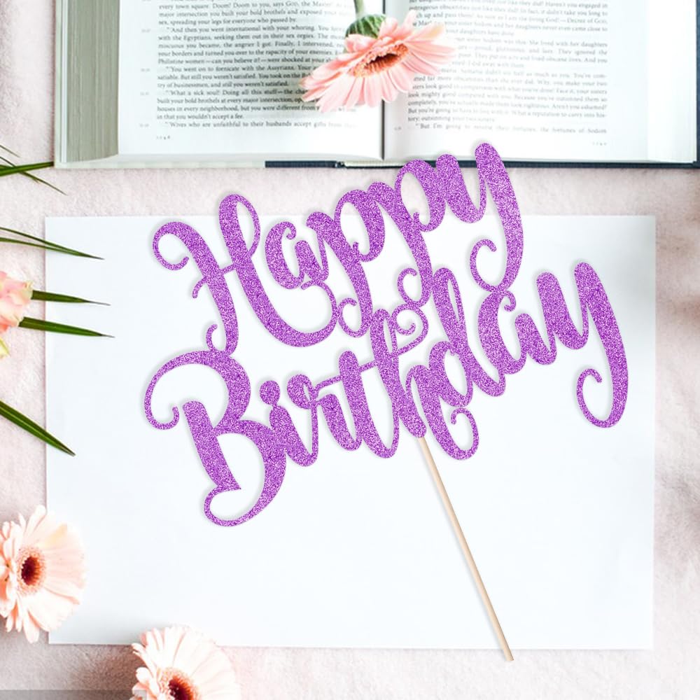 Fmiyuneea Happy Birthday Cake Topper- Glitter Happy Birthday Cake Decor, Handmade Anniversary/Birthday Party Supplies (Purple)