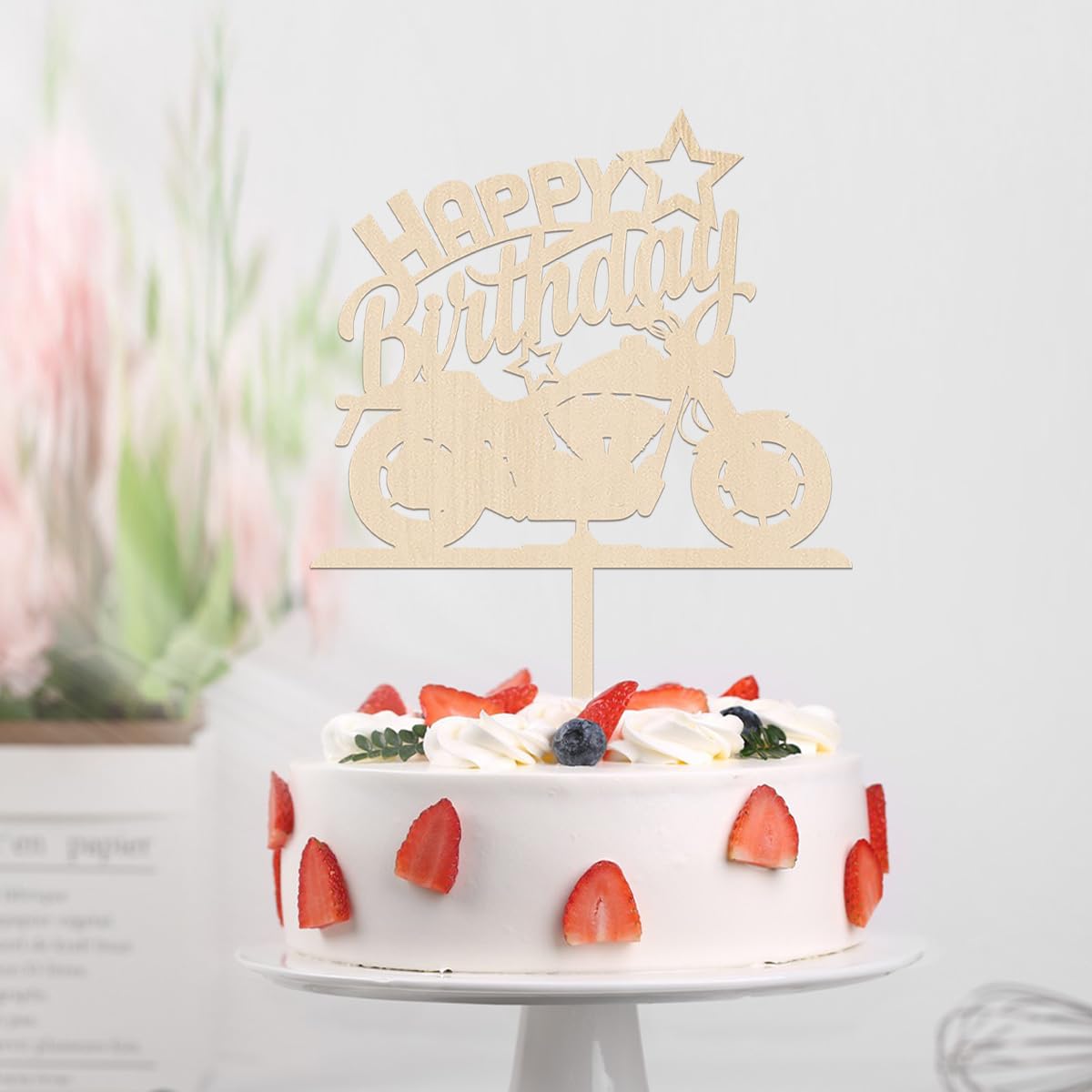 Ruscalin Happy Birthday Cake Topper Black Flash Motorcycle Party Decoration Birthday Party Cake Decoration (Wood)