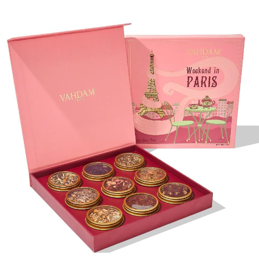 VAHDAM, Weekend in Paris Tea Gift Set - 9 Assorted Teas | Travel Edition Gift Box | Natural Ingredients Luxury Tea Set | Gluten 