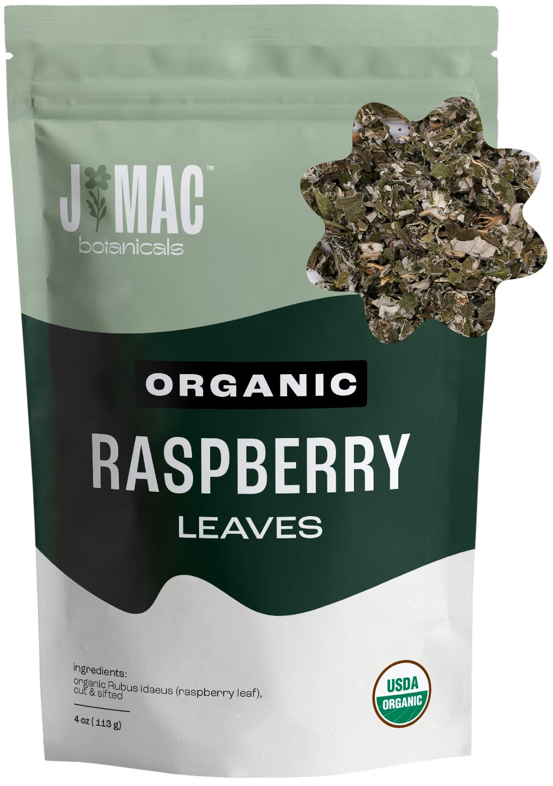 J Mac Botanicals, Organic Red Raspberry Leaf, Herbal Tea (4 Ounce Bag 50+ Cups) Cut & Sifted Dried Leaf