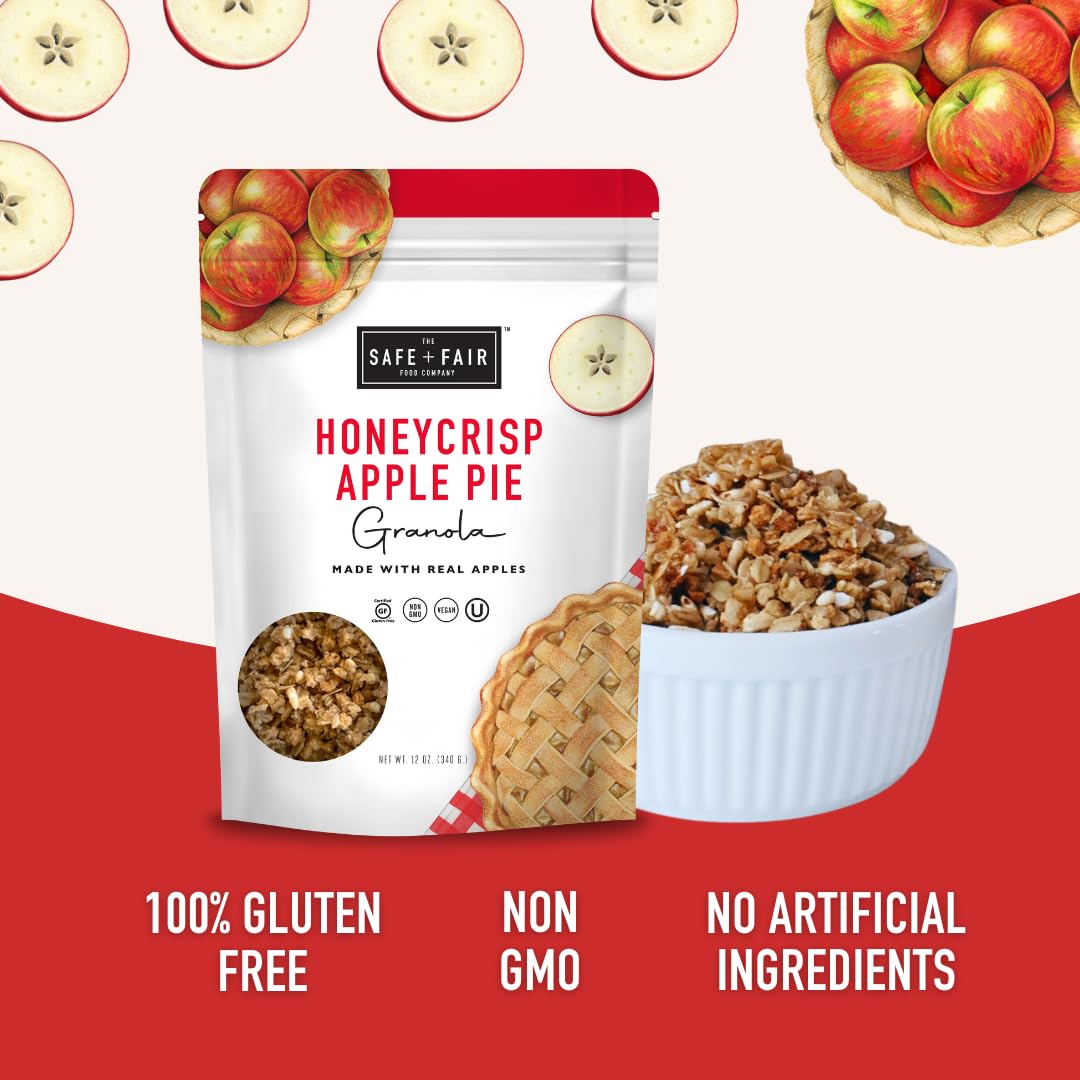 Safe + Fair Honeycrisp Apple Pie Granola - Gluten-Free, Vegan & Plant-Based Snack with Real Honeycrisp Apples, Whole Grains, Non