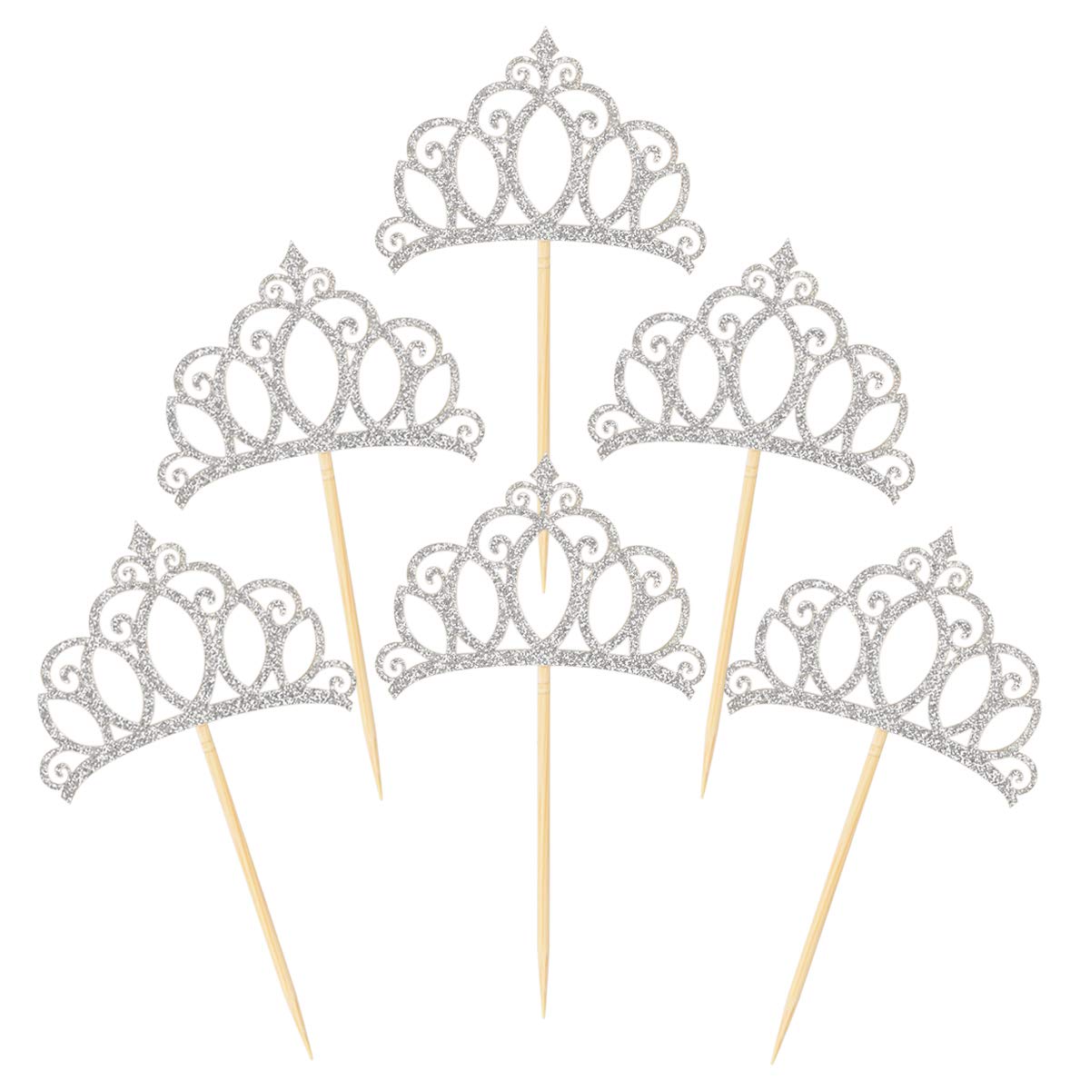 Donoter 48 Pieces Silver Glitter Princess Crown Cupcake Toppers Picks For Birthday Baby Shower Party Cake Decorations