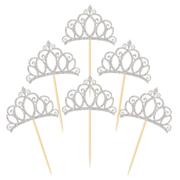 Donoter 48 Pieces Silver Glitter Princess Crown Cupcake Toppers Picks For Birthday Baby Shower Party Cake Decorations