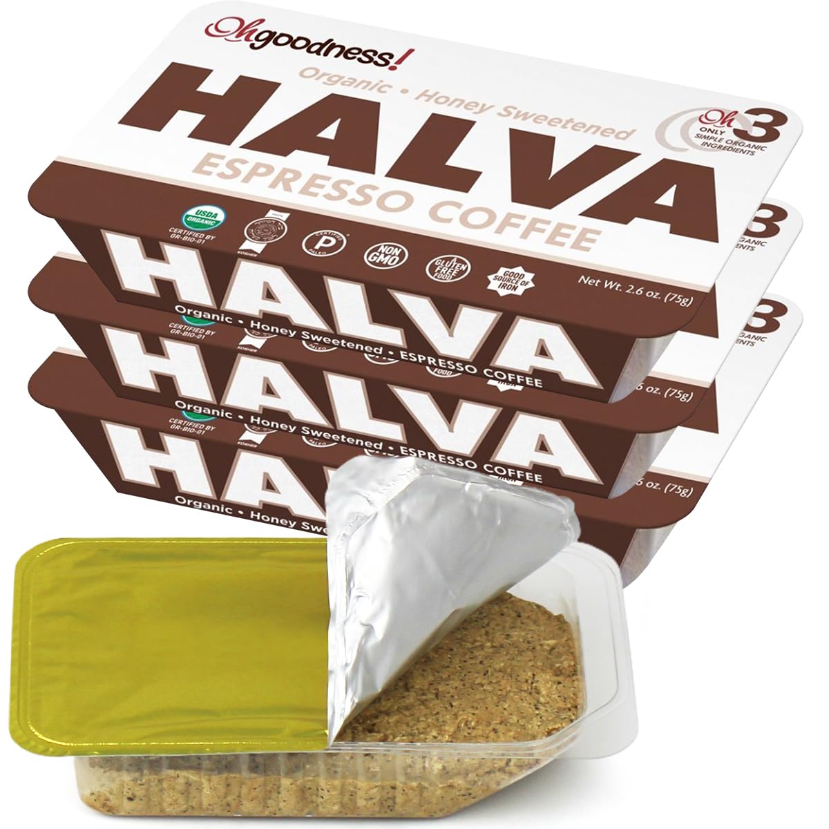 Wellbees Organic Honey Halva - 3 Pack, Honey & Espresso, Paleo & SCD Approved, 2.64 oz (75g each)