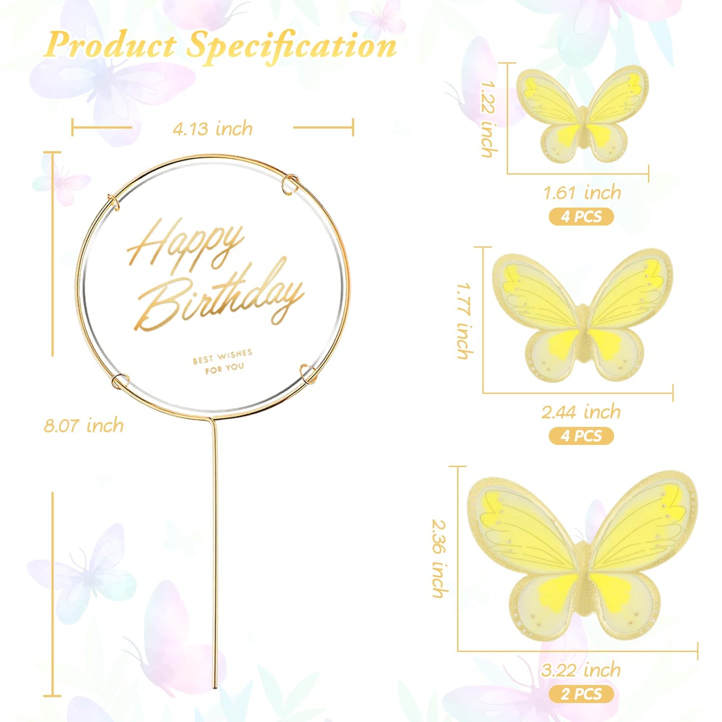 BHNKGZNA 13 Pieces Butterfly Cake Toppers, 3D Pink Gold Decorations, Yellow, for Birthday Party, Wedding, Baby Shower