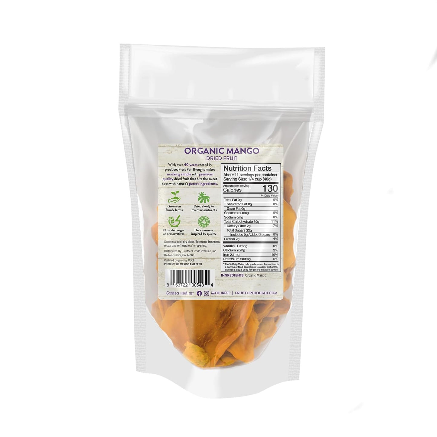 Fruit For Thought Organic Dried Mango Snack Packs, No Sugar Added, 16 Ounce (Pack of 2)