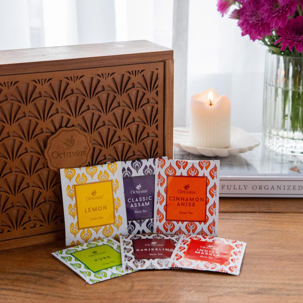Octavius Tropical Palm Cutwork Wooden Tea Sampler Box | Enhanced Black & Green Tea Gift Set | 6 Flavors, 90 Tea Bags | Elegant Teas Gift Box For Tea Lovers