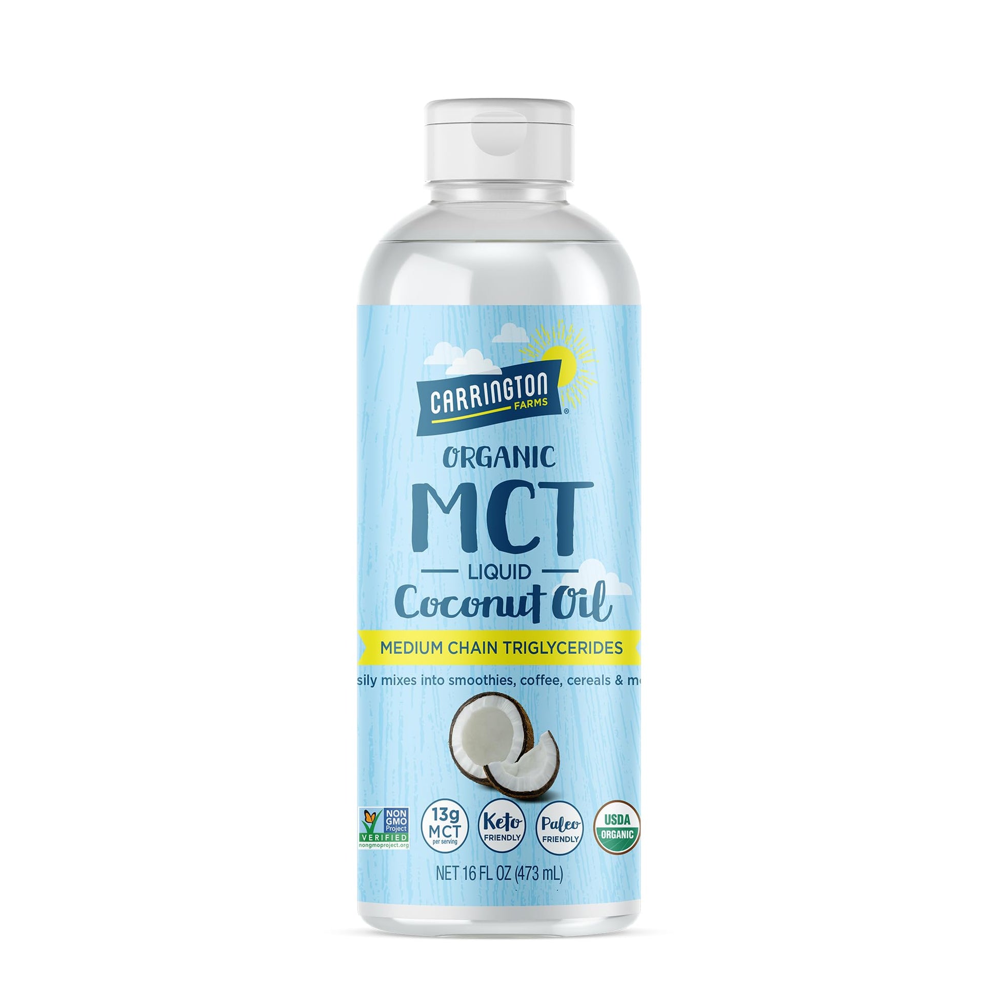 Carrington Farms Organic MCT Oil, Unflavored, 100% Pure, Non-GMO, Vegan, 16 Fl Oz