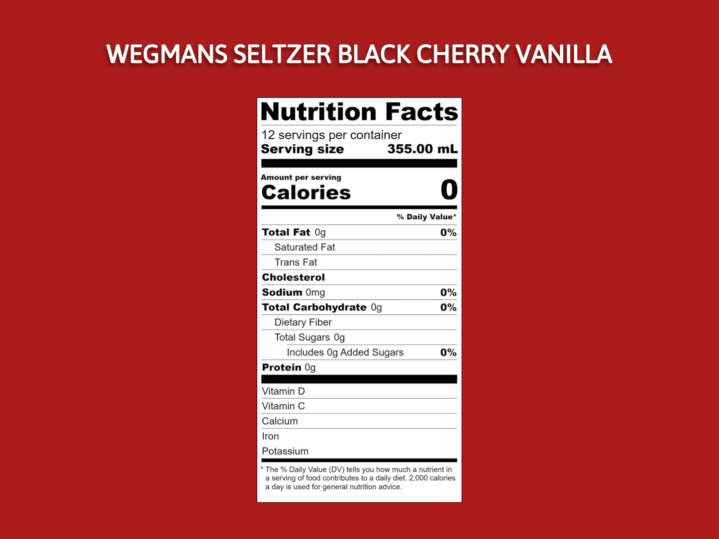 Wegmans Sparkling Water, Flavored Seltzer, 0 Sugar, 0 Calorie, 12 Fl Oz - 12 Cans Pack, Black Cherry Flavor