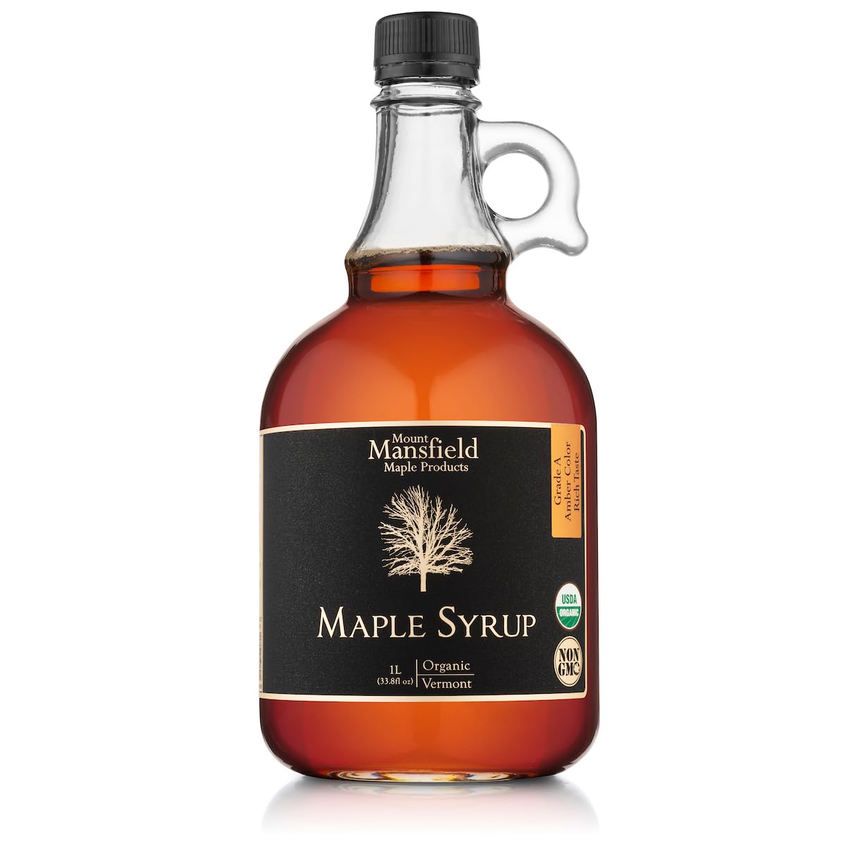 Mount Mansfield Maple Products Organic Pure Vermont Maple Syrup, Grade A Dark Robust, 33.8 Fl Oz Glass Bottle