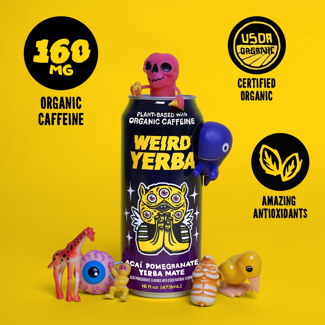 WEIRD Organic Acai Pomegranate Yerba Mate Energy Drink, 16 Fl Oz Cans, Pack of 12, 160mg Organic Caffeine