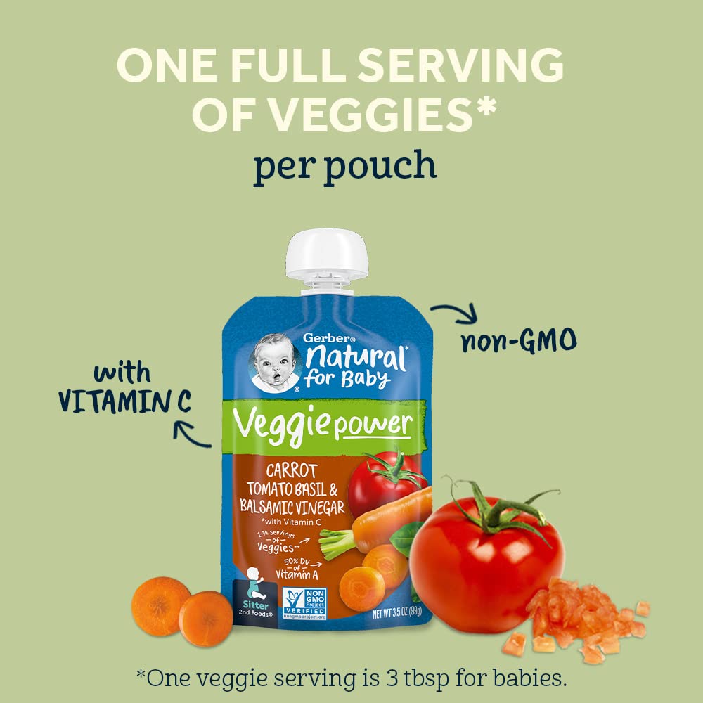 Gerber Baby Food Pouches, 2Nd Food For Sitter, Veggie Power, Carrot Tomato Basil With Balsamic Vinegar, 3.5 Ounce (Pack Of 12)
