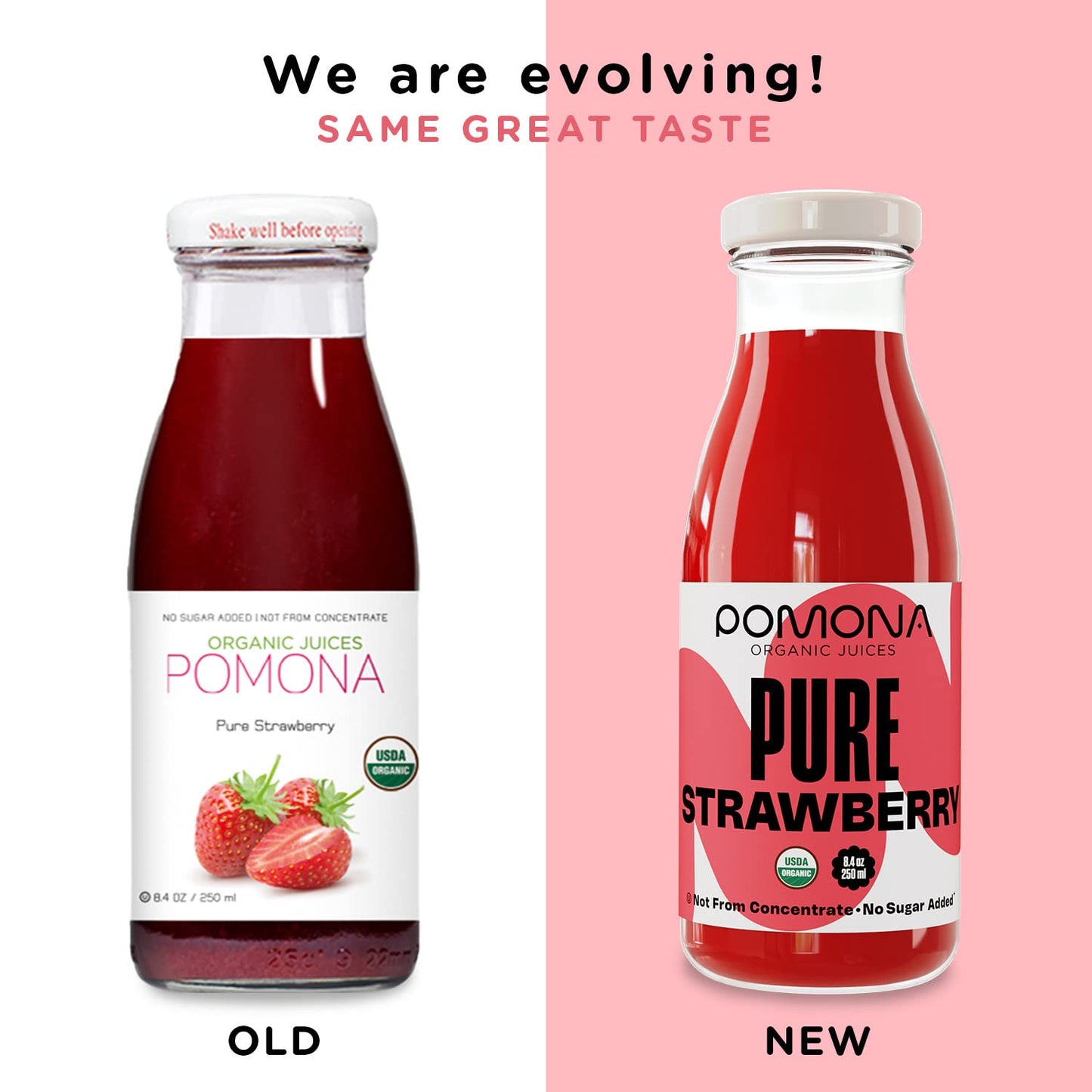 Pomona Organic Strawberry Juice (Pack Of 12), Cold Pressed Usda Organic Juices With 100% Strawberries, No Added Sugar, Not From Concentrate, Vegan, Kosher, Non Gmo, Pasteurized, 8.4 Oz Glass Bottles