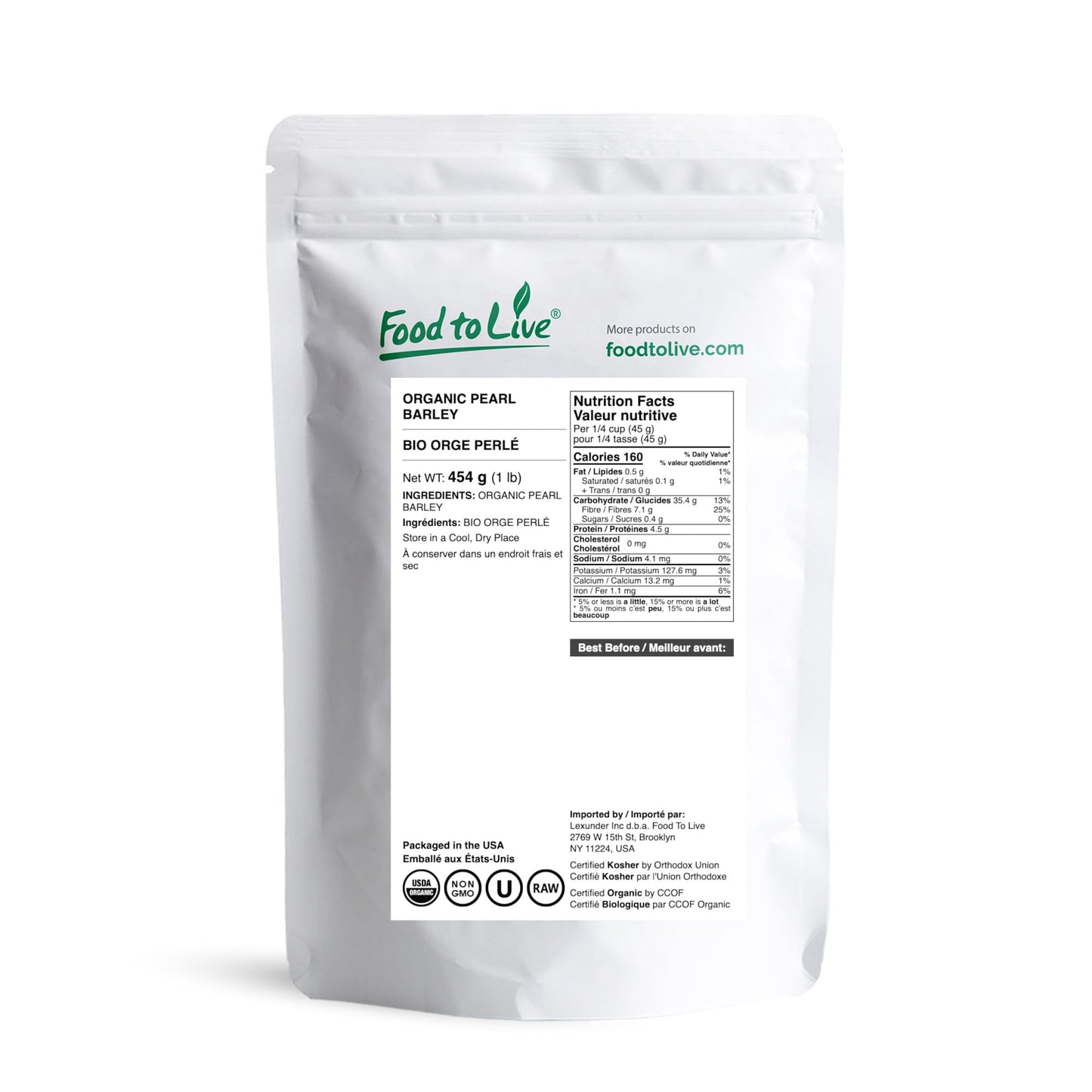 Food to Live Organic Pearl Barley, 1 Pound - Non-GMO, Polished Unhulled Barley, Kosher, Vegan, Bulk. Cooks Faster than Hulled Ba