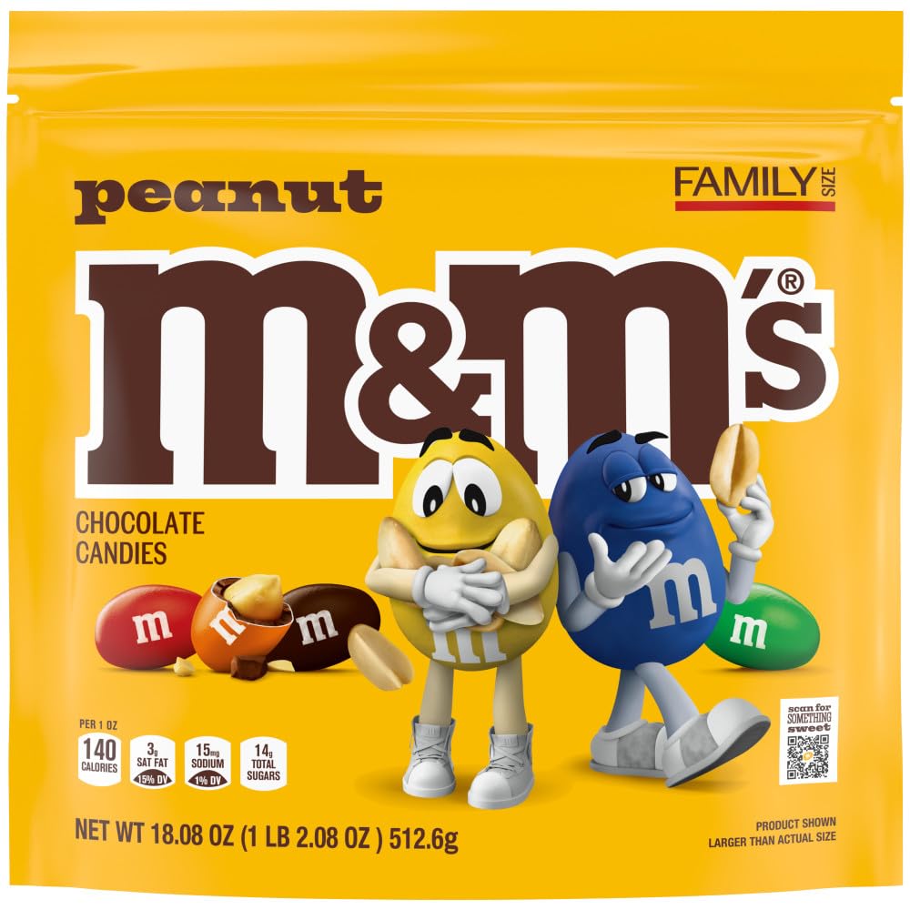 M&MS Peanut Milk Chocolate Candy, Family Size, 18.08 oz Resealable Bulk Bag