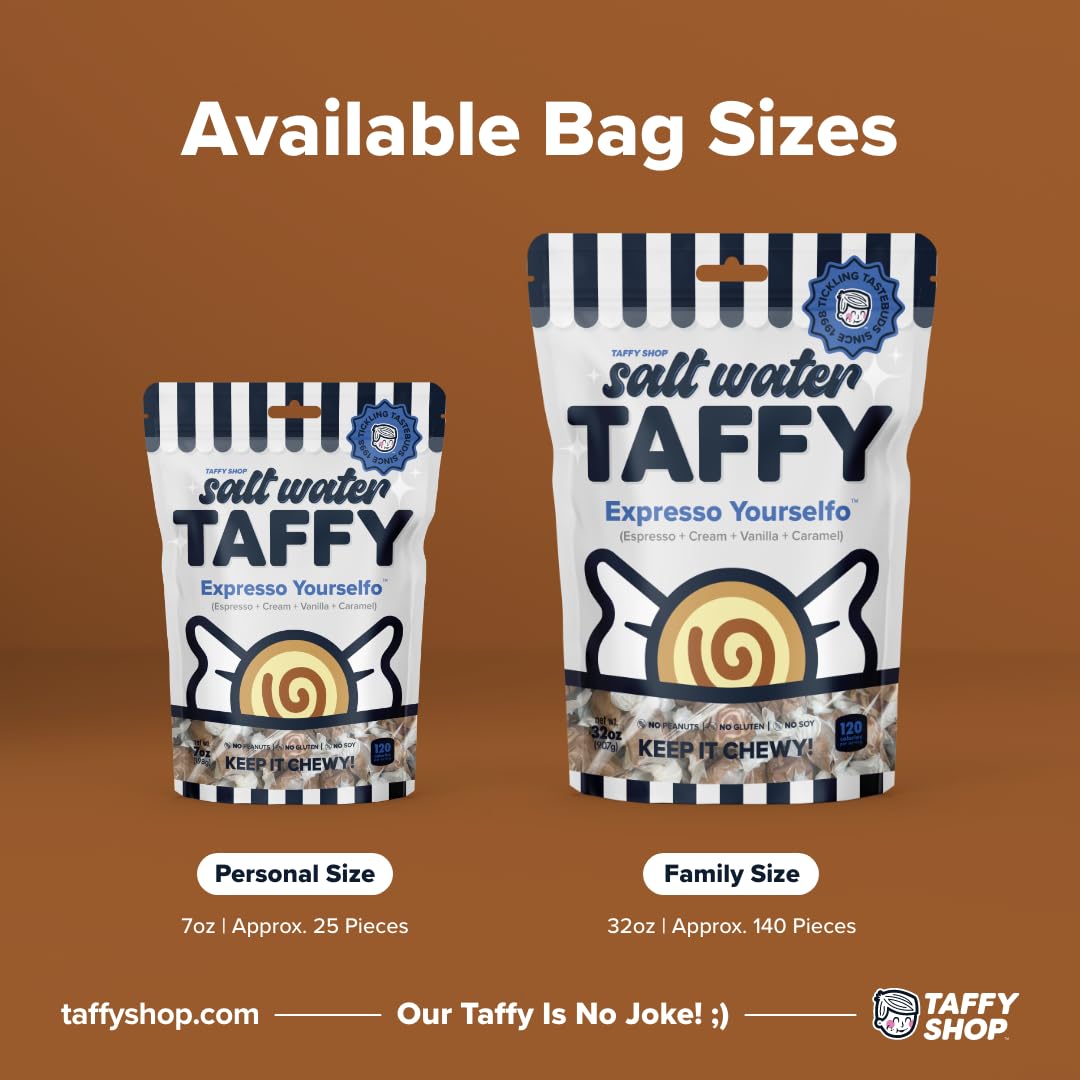 Taffy Shop Expresso Yourselfo, Expresso, Cream, Vanilla, Caramel Salt Water Taffy - Gourmet Soft Chewy Candy, Bulk Sweet Snack,