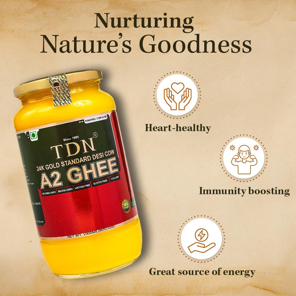 Tdn Farm Fresh A2 Ghee - 1L Glass Bottle, Nddb A2 Lab Certified, A2 Cow Desi Ghee, A2 Ghee Bilona Method, A2 Organic Cow Ghee, Grassfed, Cultured Enhanced Ghee, Curd Churned A2 Ghee