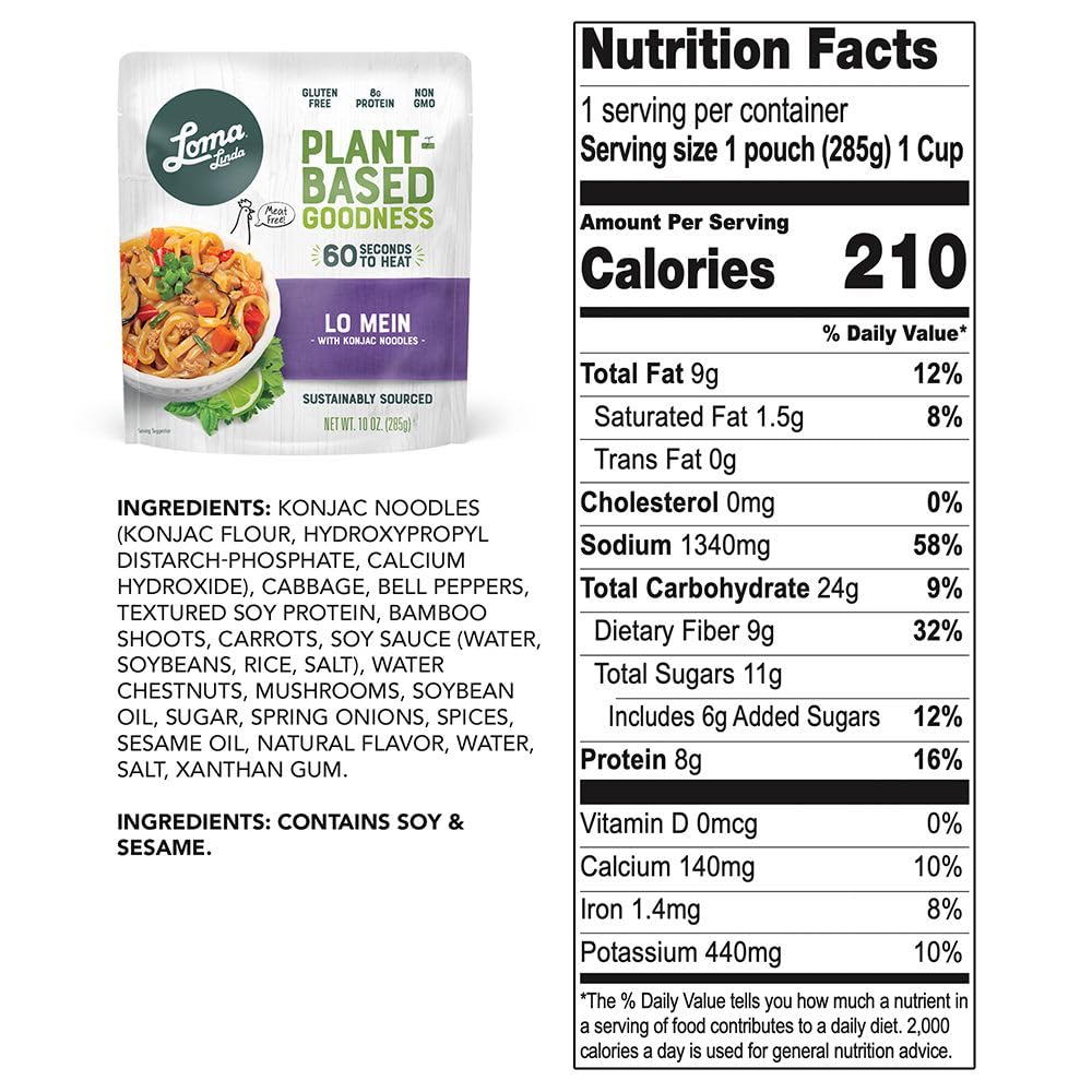 Loma Linda Plant-Based Lo Mein - 6 Pack (10 oz. Bags) | Vegan Konjak Noodles with Fresh Vegetables | Ready to Eat, Gluten-Free,