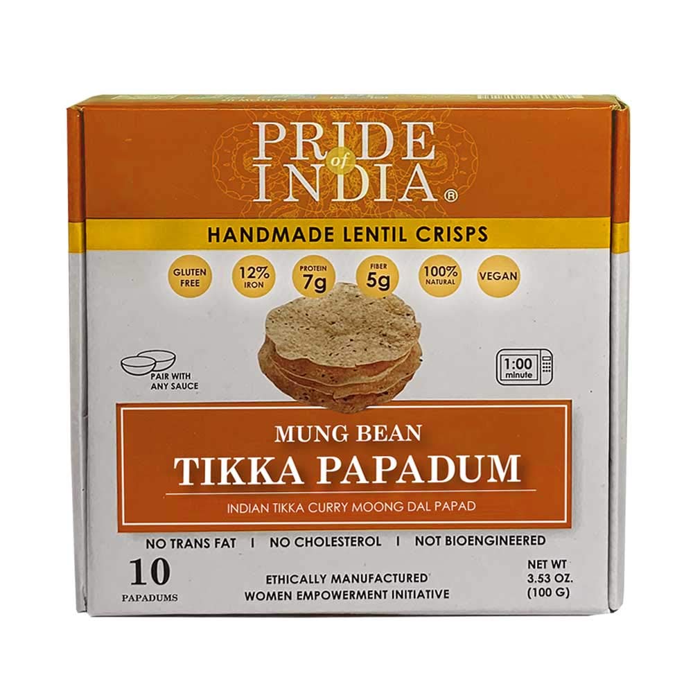 Pride Of India - Tikka Curry Mung Bean (Moong Dal) Papadum Lentil Crisp, 10 count (3.53oz - 100gm) - Instant Microwaveable Vegan