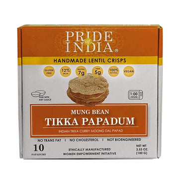 Pride Of India - Tikka Curry Mung Bean (Moong Dal) Papadum Lentil Crisp, 10 count (3.53oz - 100gm) - Instant Microwaveable Vegan