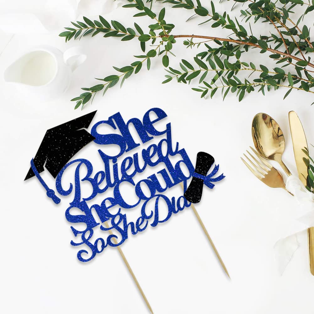 Moitkptt Graduation Cake Topper, She Believed She Could, Cardboard, Blue, 2024 Party Supplies