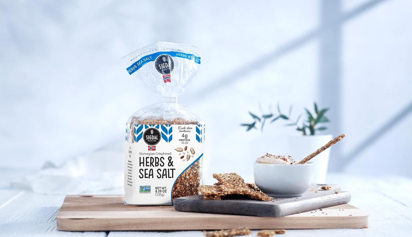 Sigdal Bakeri Herbs & Sea Salt Norwegian Wholegrain Crispbread | All Natural Non-GMO, 8.29 oz (235g) (Pack of 12)