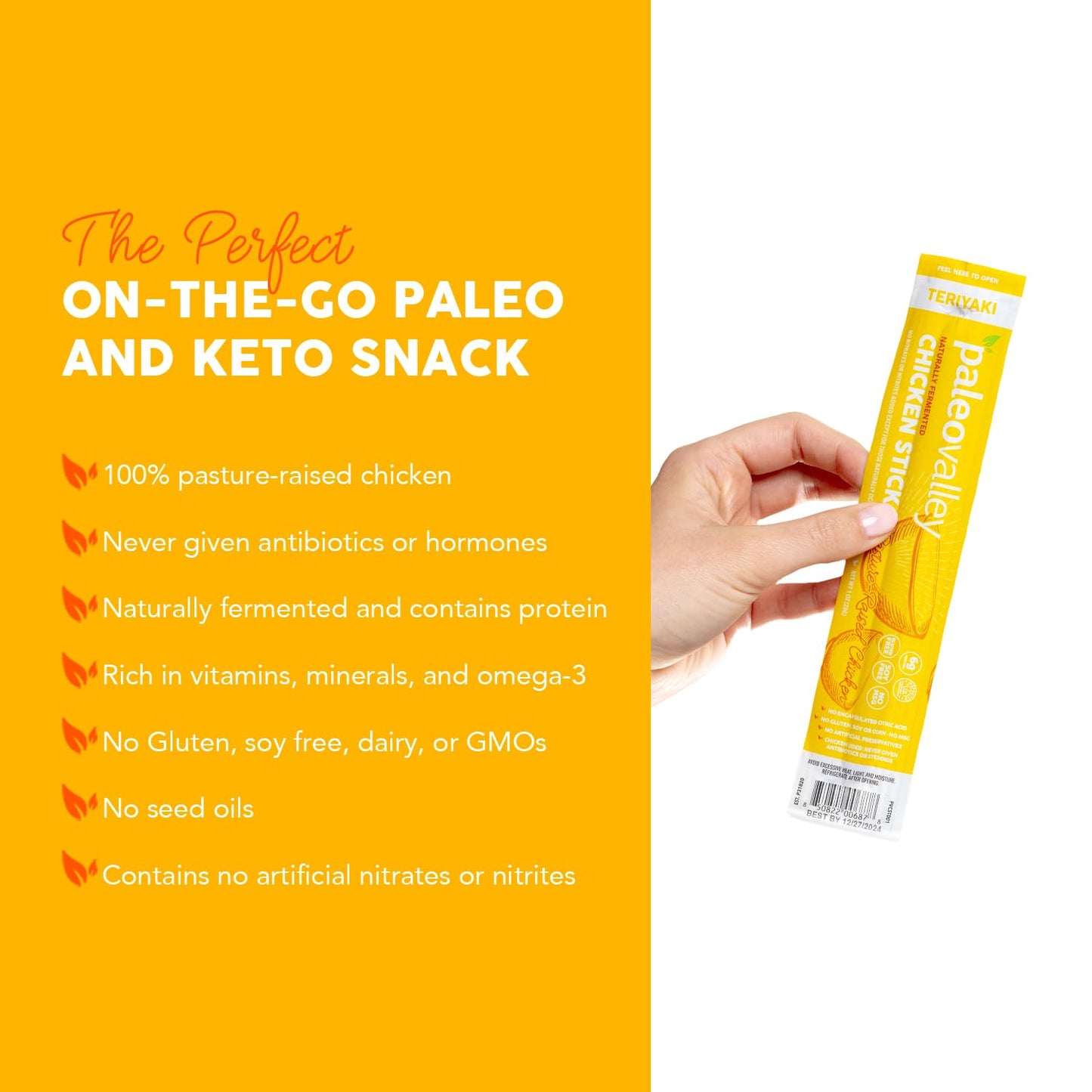 Paleovalley Pasture-Raised Chicken Sticks - 10 Pack - 7g Protein per Stick - Keto-Friendly  Paleo  Gluten-Free  Nitrate-Free - On-the-Go Snack (10 Pack  Teriyaki)