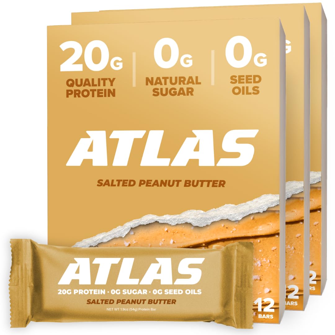Atlas Bar - 20g Protein, 1g Sugar, 0g Seed Oils, 0g Artificial Sweeteners (Salted Peanut Butter, 36 Count)