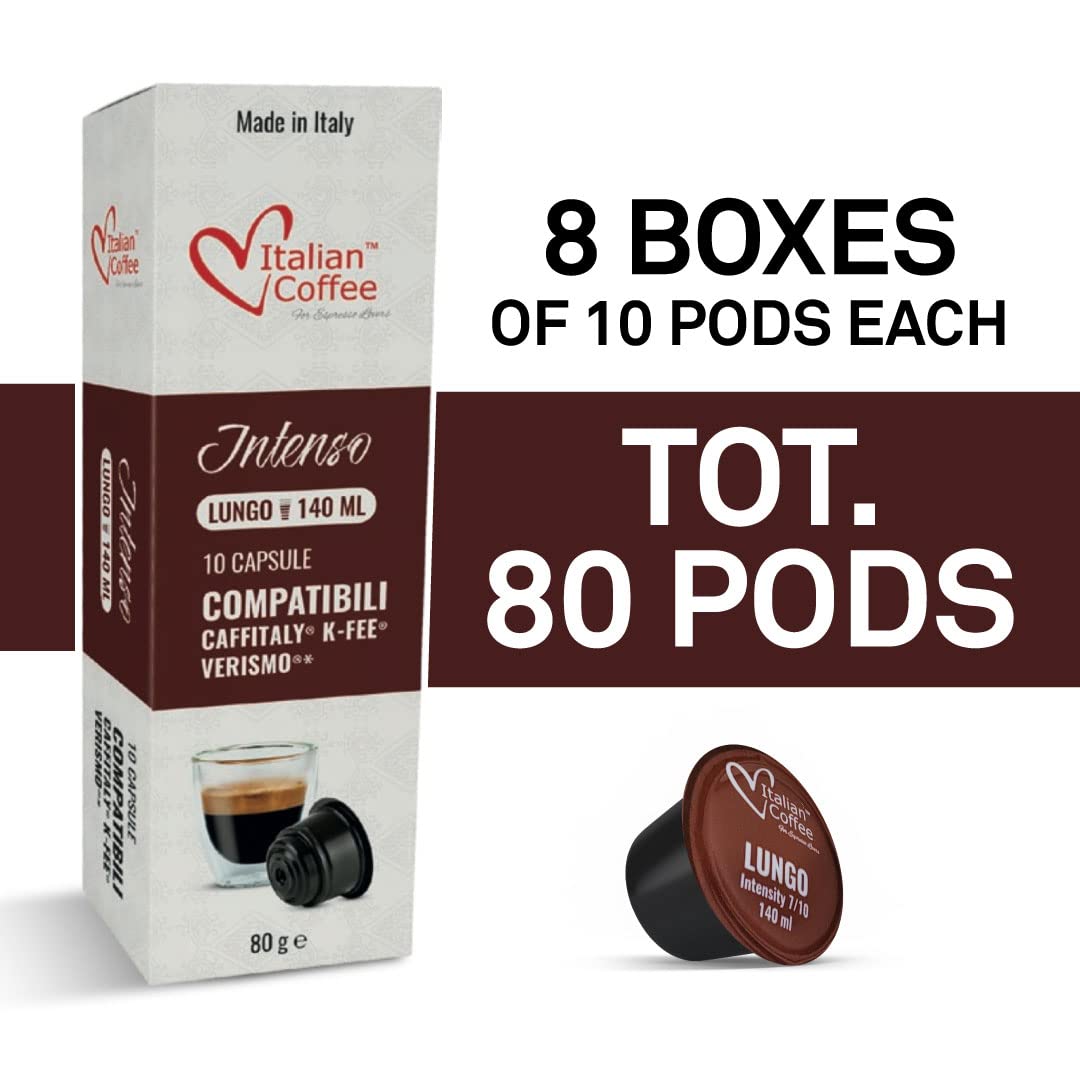 ITALIAN COFFEE FOR ESPRESSO LOVERS Coffee compact pieces, Compatible with Verismo & CBTL, LUNGO Blend, 80 Pods, 1 Count