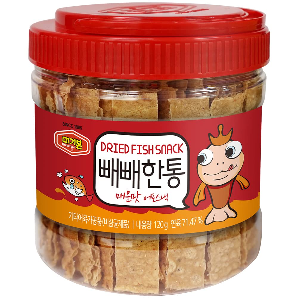 MURGERBON Korean Dried Fish Snack, Spicy Flavor, Chewy Texture, 4.23 oz Tub