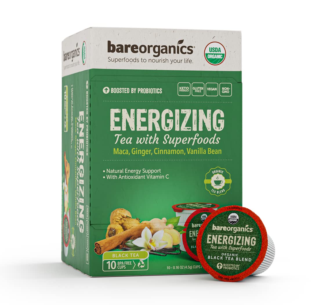 Bareorganics Energizing Tea With Superfoods & Probiotics | Keurig K-Cup Compatible Tea Pods | Usda Certified Organic, Vegan, Non