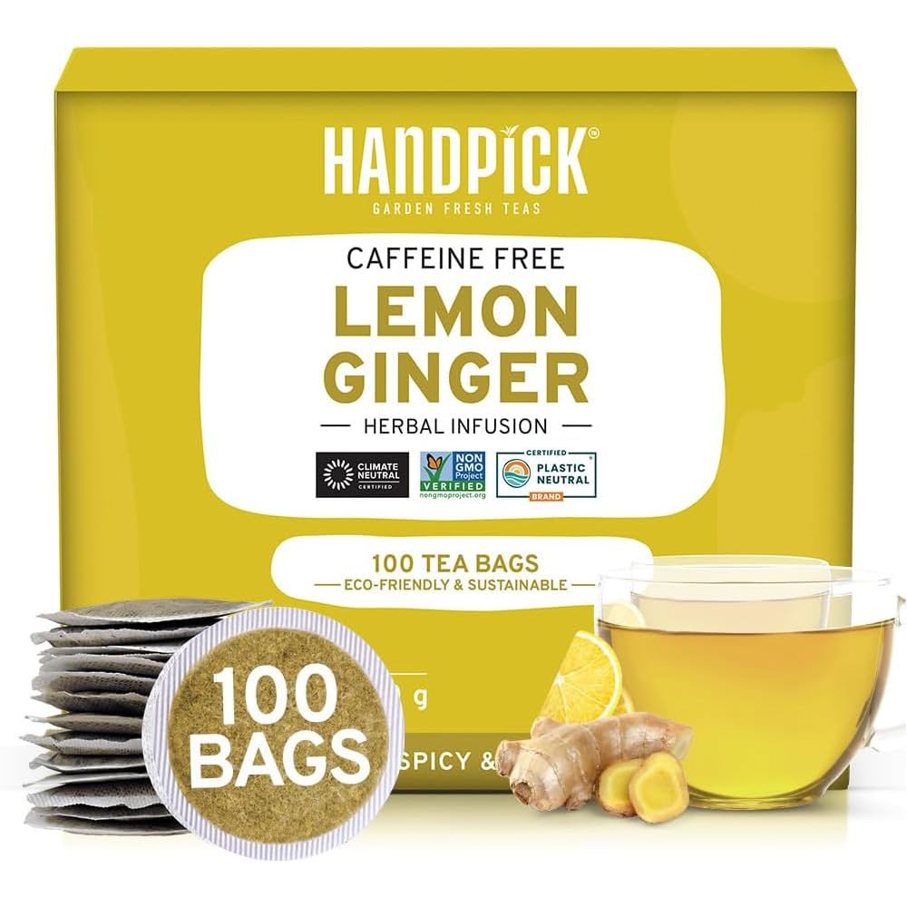 HANDPICK Lemon Ginger Tea Bags - Non-GMO, Caffeine Free, 100 Count, Eco-conscious Round Bags