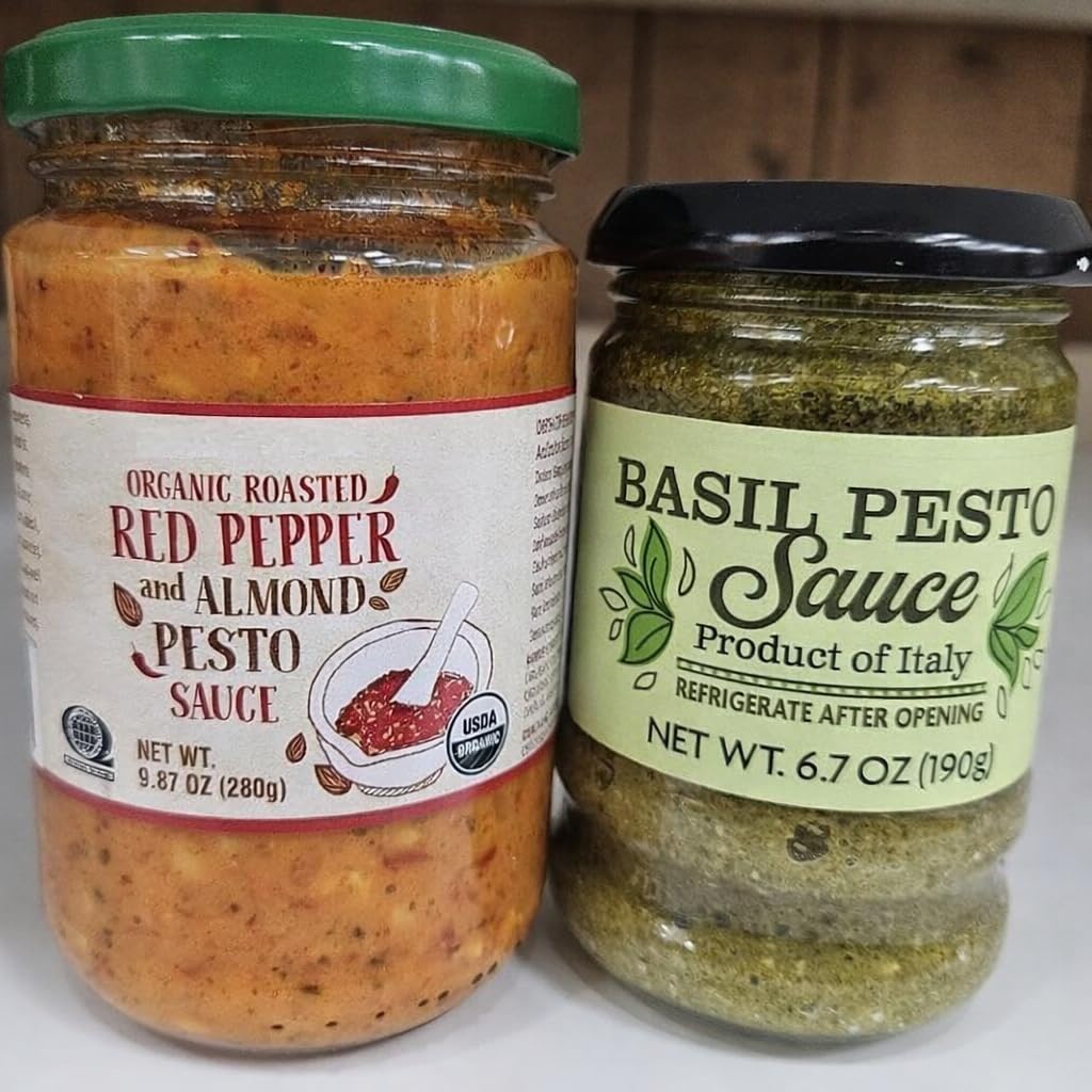 Trader Joe Organic Red Pepper and Almond Pesto Sauce & Basil Pesto Sauce (Two Bottles)