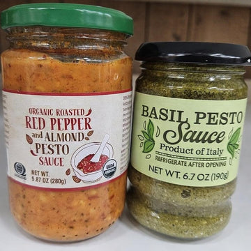Trader Joe Organic Red Pepper and Almond Pesto Sauce & Basil Pesto Sauce (Two Bottles)