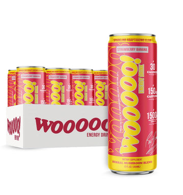 Wooooo! Energy Ric Flair Sparkling Adaptogenic Mushroom Energy Drink | Natural Antioxidants & Nootropics | Lions Mane & Cordyceps | 150Mg Energy Blend | 12 Pack (Strawberry Banana)
