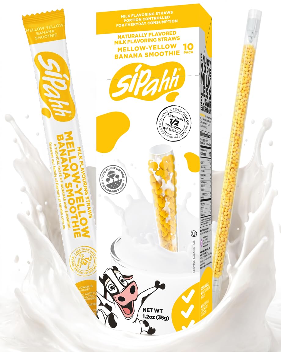 Sipahh Banana Milk Flavoring Straws - 10 Pack - Mellow Yellow Banana Smoothie, Banana Milk Straws for Kids, Low Sugar Fun School
